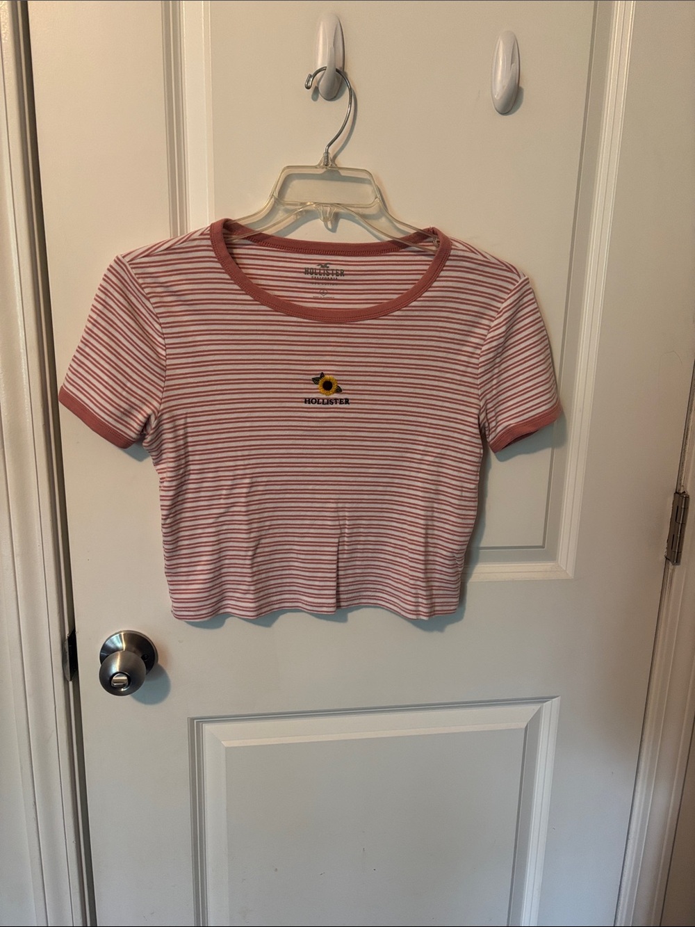 Hollister Pink and White Striped Cropped Tee with Sunflower Patch